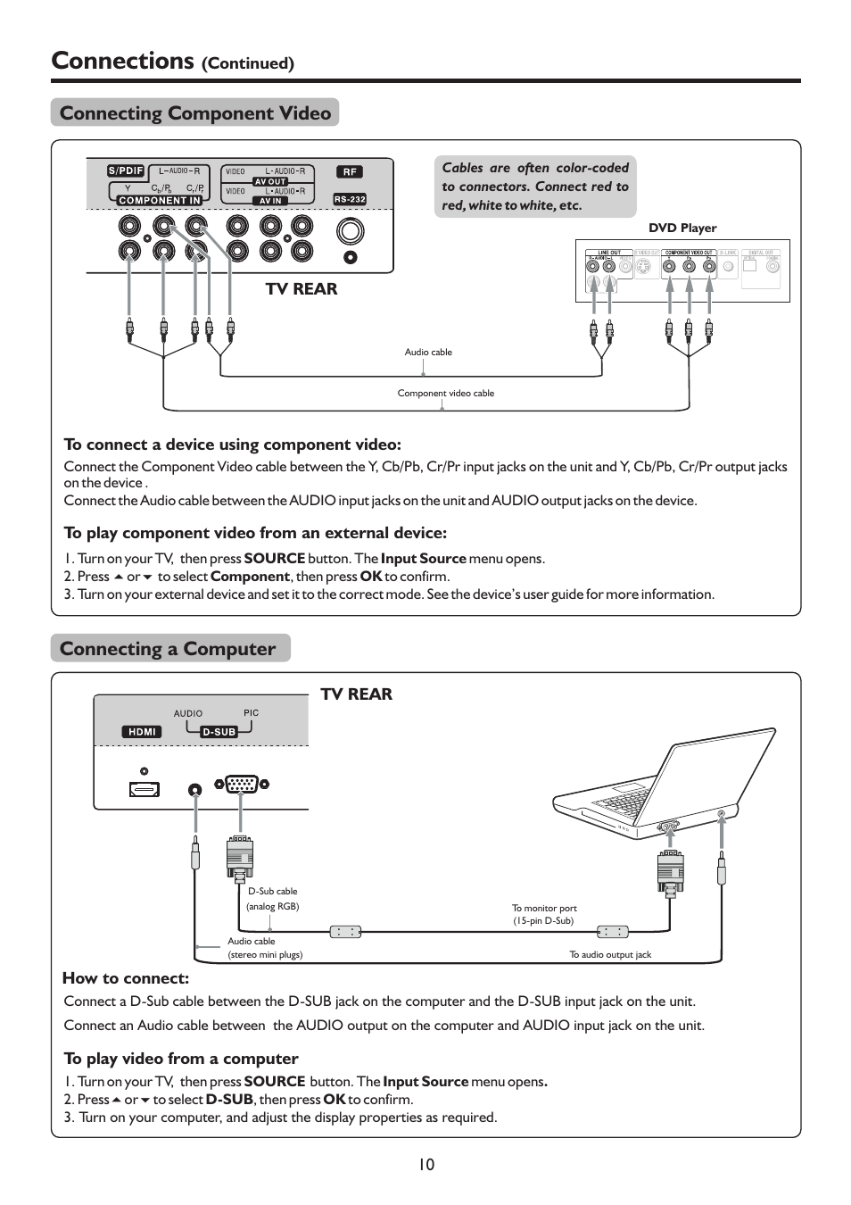 页 13, Connections, Connecting component video | Connecting a computer | Sanyo LCD-19XR9DA User Manual | Page 13 / 40