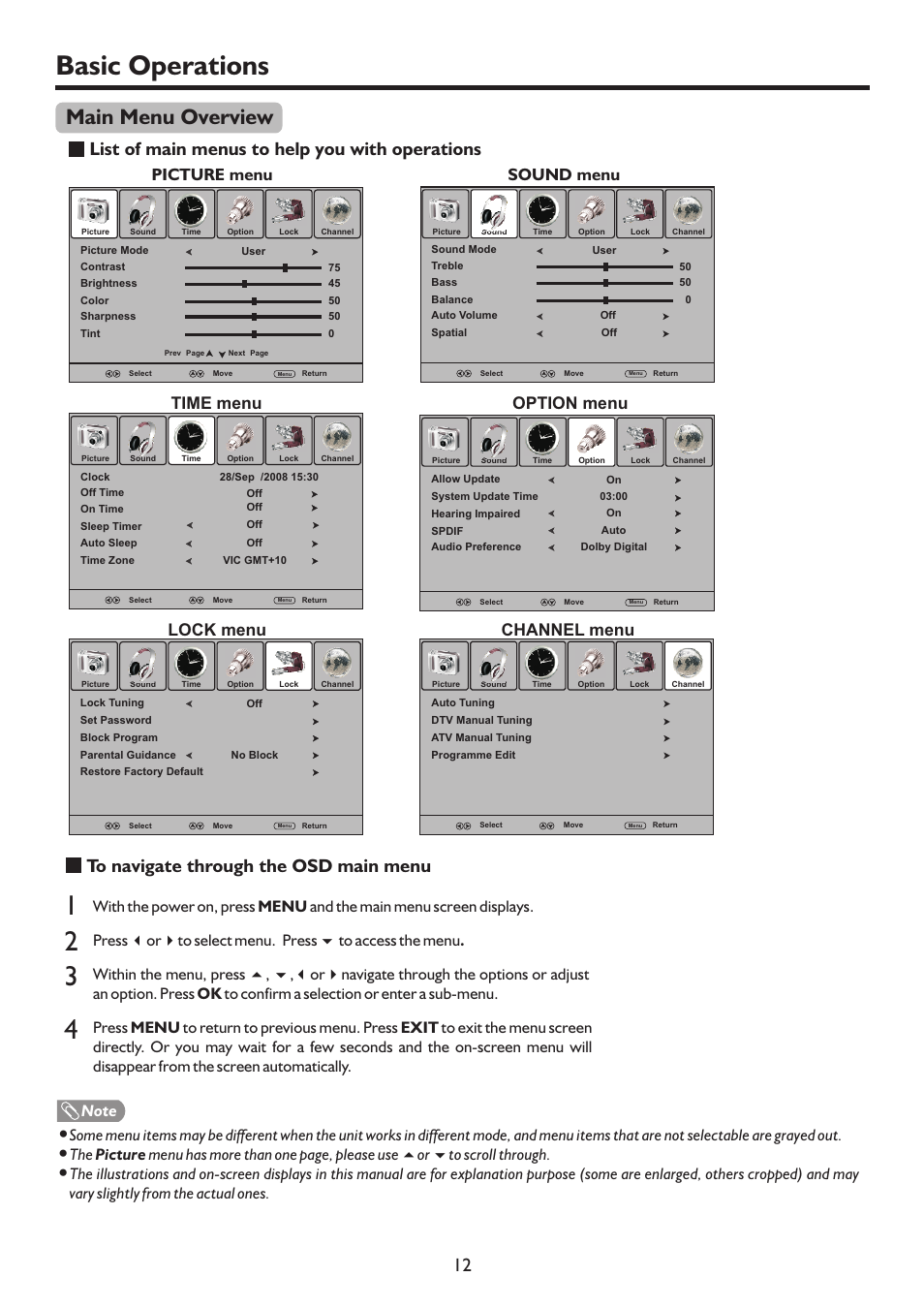页 15, Basic operations, Main menu overview | List of main menus to help you with operations, Picture menu sound menu time menu, Option menu lock menu channel menu | Sanyo LCD-19XR9DA User Manual | Page 15 / 40