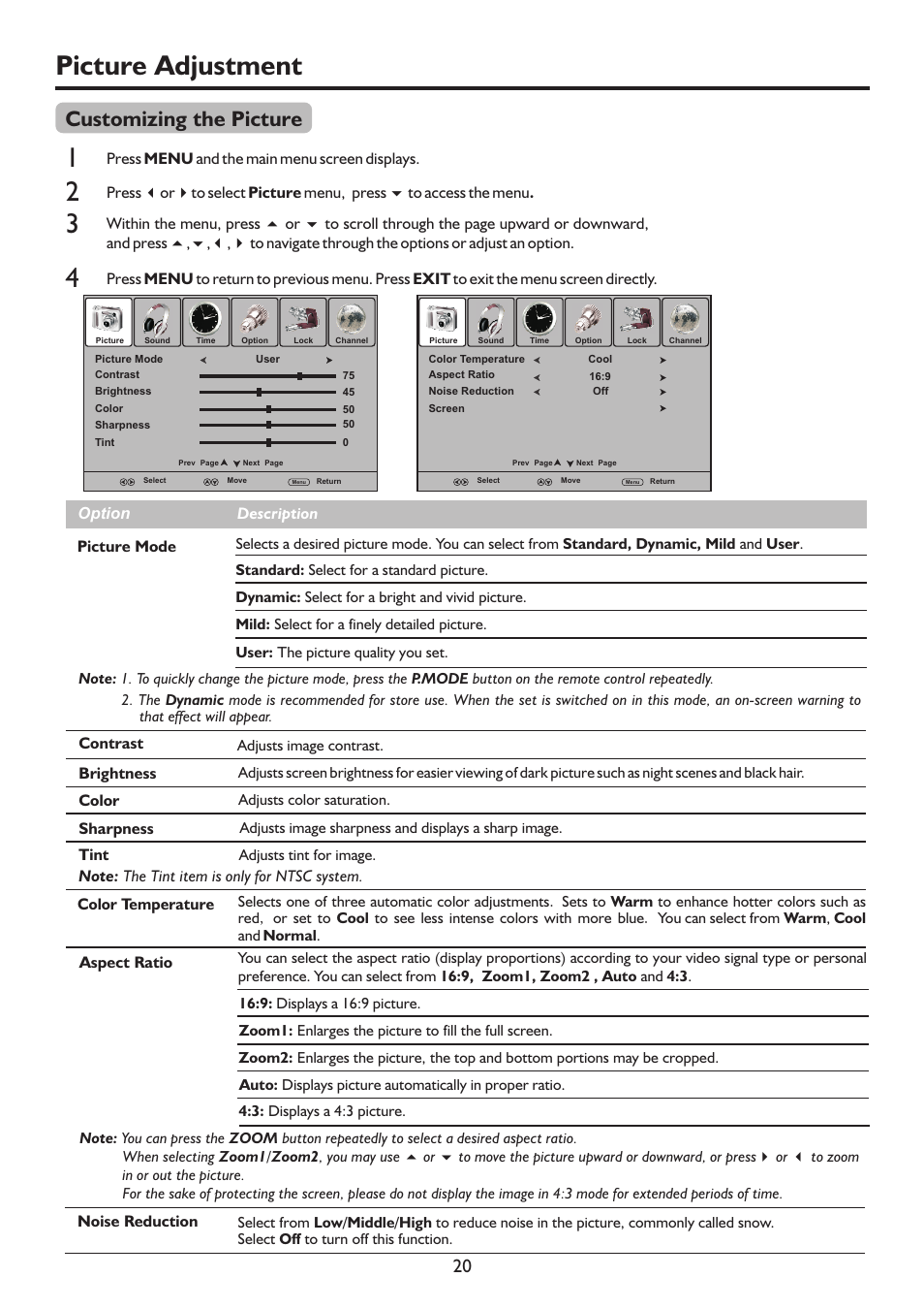 页 23, Picture adjustment, Customizing the picture | Sanyo LCD-19XR9DA User Manual | Page 23 / 40