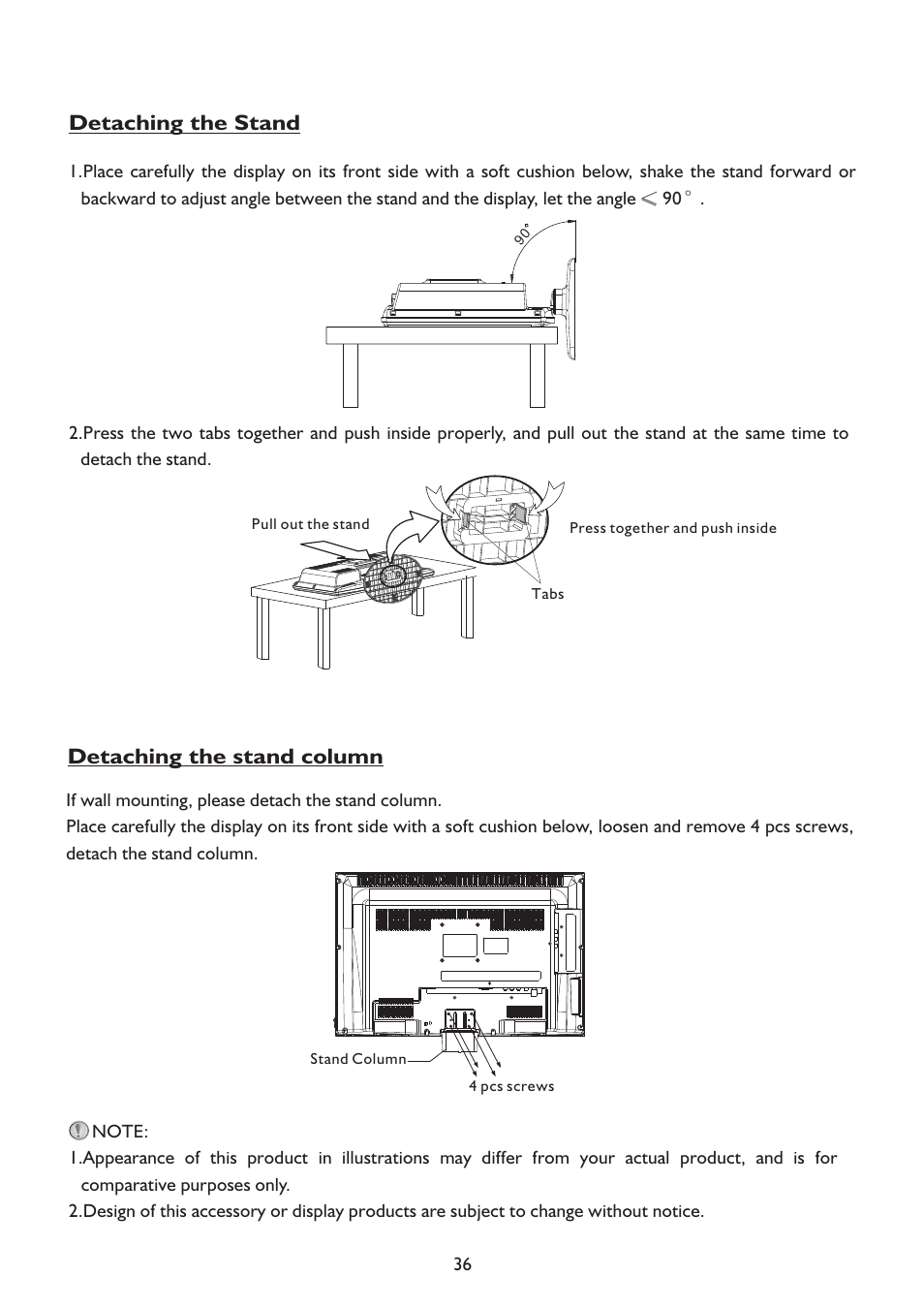 页 39, Detaching the stand, Detaching the stand column | Sanyo LCD-19XR9DA User Manual | Page 39 / 40