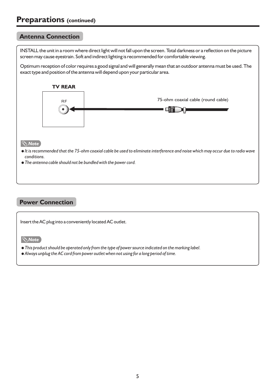 Preparations, Antenna connection, Power connection | Sanyo LCD-19XR9DA User Manual | Page 8 / 40