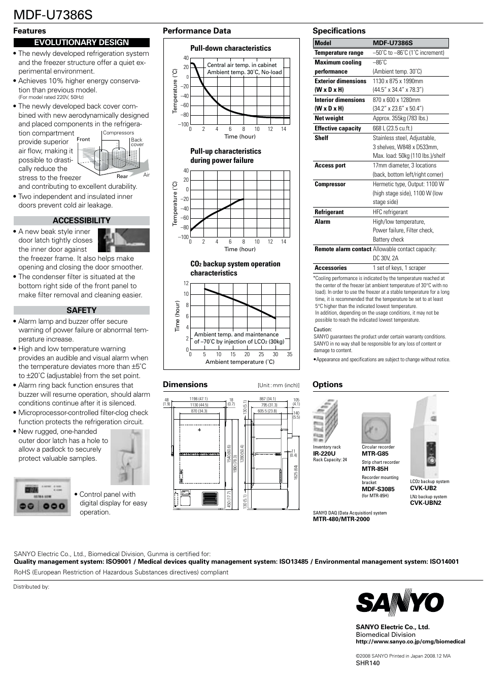 Mdf-u7386s, Dimensions, Specifications | Performance data options, Features evolutionary design, Accessibility, Safety, Pull-up characteristics during power failure, Backup system operation characteristics, Pull-down characteristics | Sanyo MDF-U7386S User Manual | Page 2 / 2