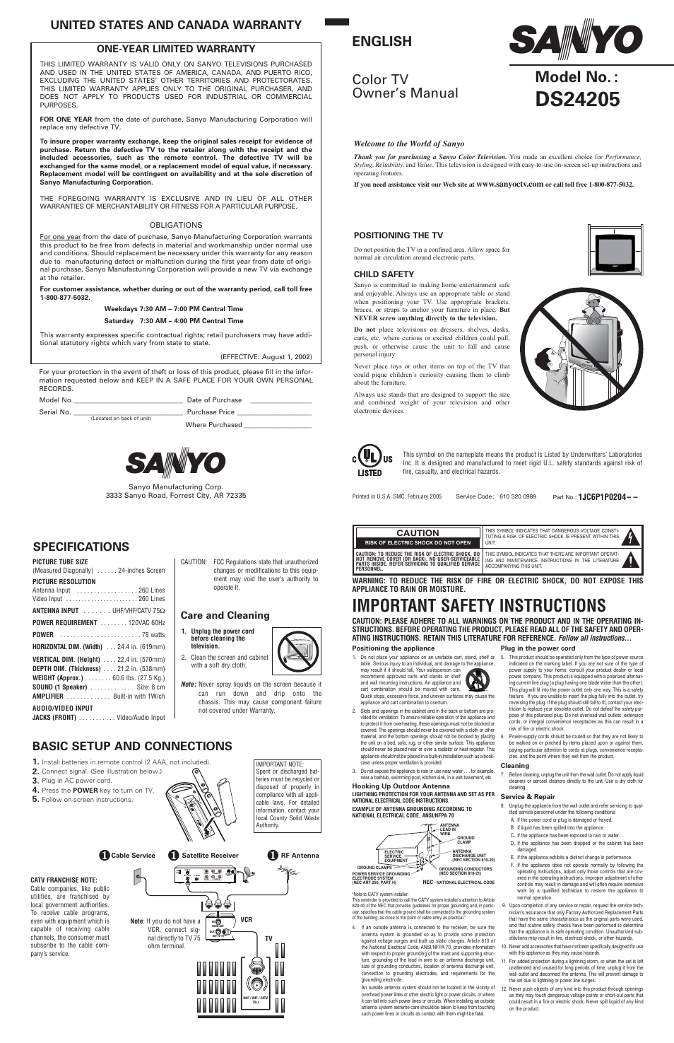 Sanyo DS24205 User Manual | 2 pages