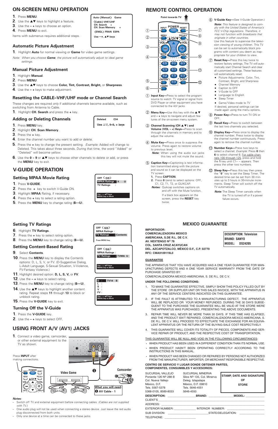 Using front a/v (av1) jacks, Remote control operation, On-screen menu operation | V-guide operation, Automatic picture adjustment 1, Manual picture adjustment 1, Resetting the cable–vhf/uhf mode or channel search, Adding or deleting channels 1, Setting mpaa movie rating 1, Setting tv ratings 6 | Sanyo DS24205 User Manual | Page 2 / 2