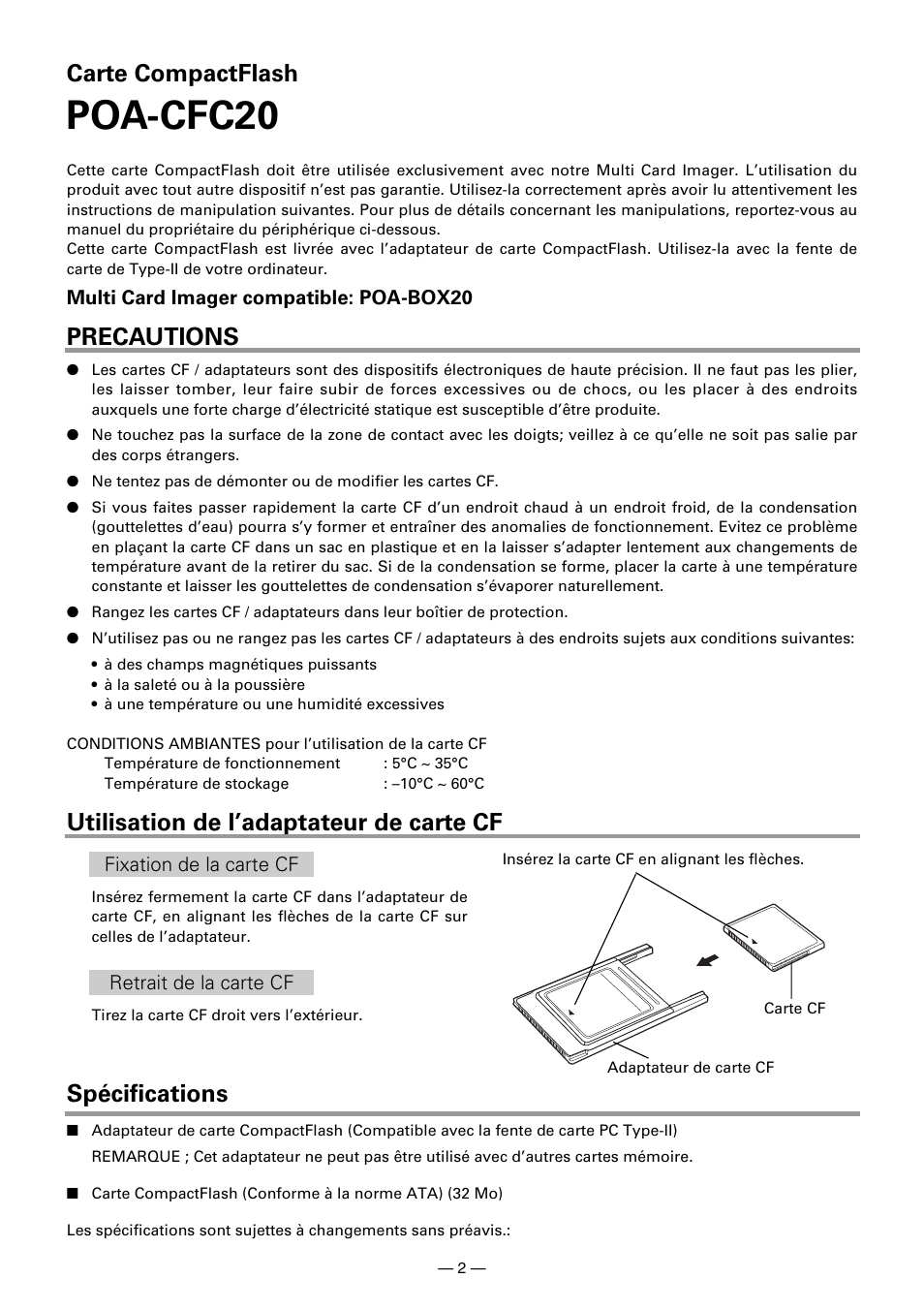 Poa-cfc20, Carte compactflash | Sanyo POA-CFC20 User Manual | Page 2 / 8