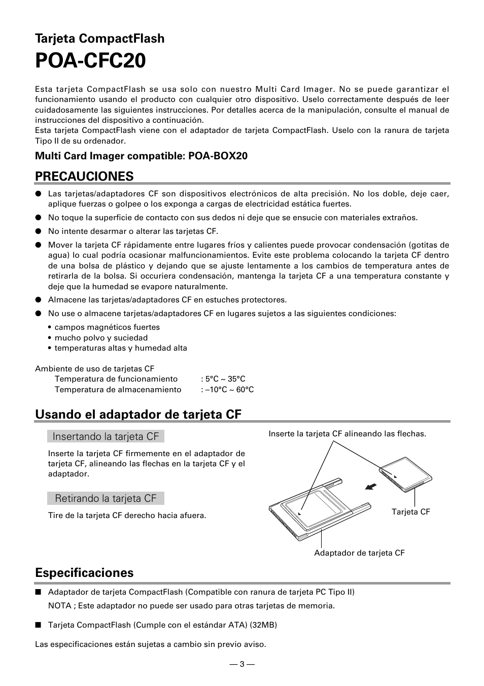Poa-cfc20, Tarjeta compactflash | Sanyo POA-CFC20 User Manual | Page 3 / 8
