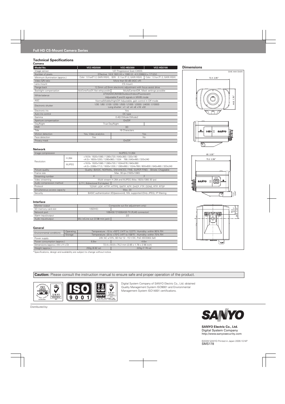 Technical specifications, Full hd cs-mount camera series, Dimensions | Sanyo VCC-HD2100 User Manual | Page 2 / 2