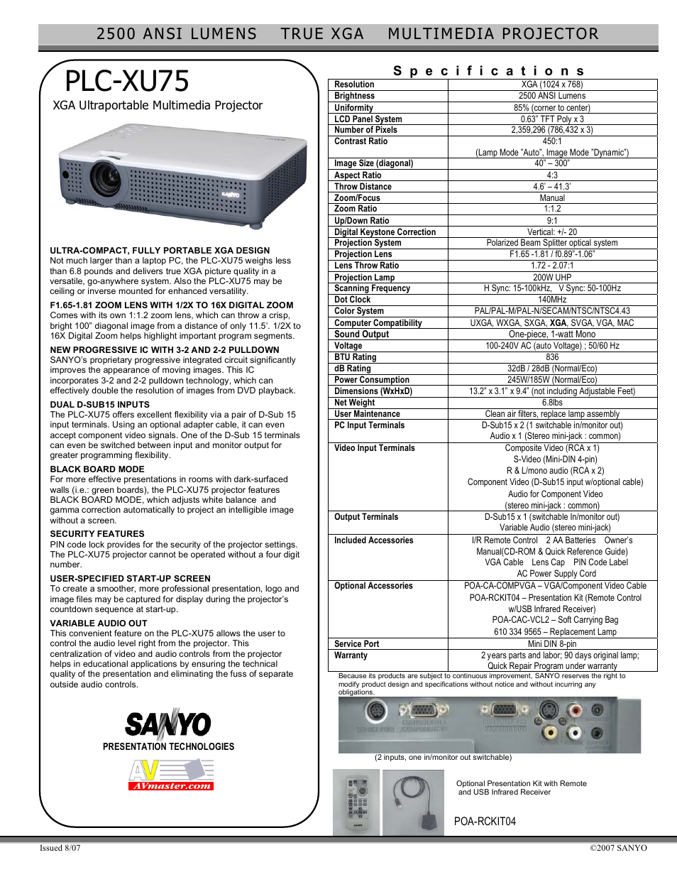 Sanyo ULTRAPORTABLE MULTIMEDIA PROJECTOR PLC-XU75 User Manual | 1 page