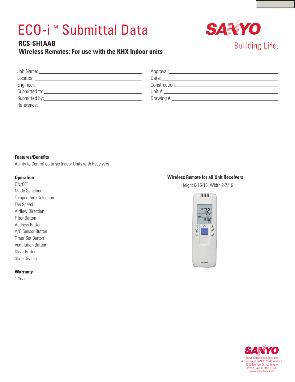 Sanyo ECO-i RCS-SH1AAB User Manual | 1 page