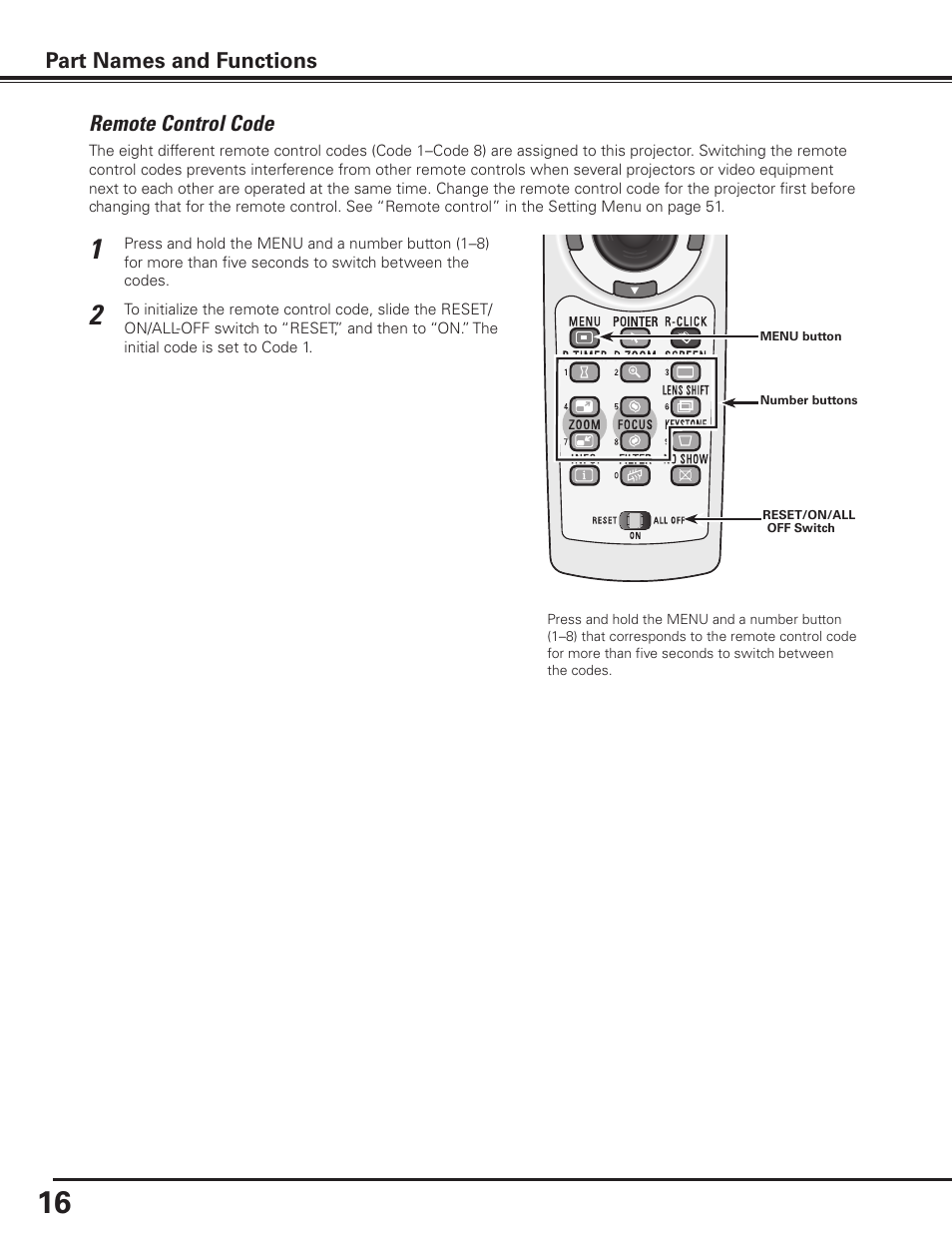 Remote control code, Part names and functions | Sanyo PLC-XP100BKL User Manual | Page 16 / 81