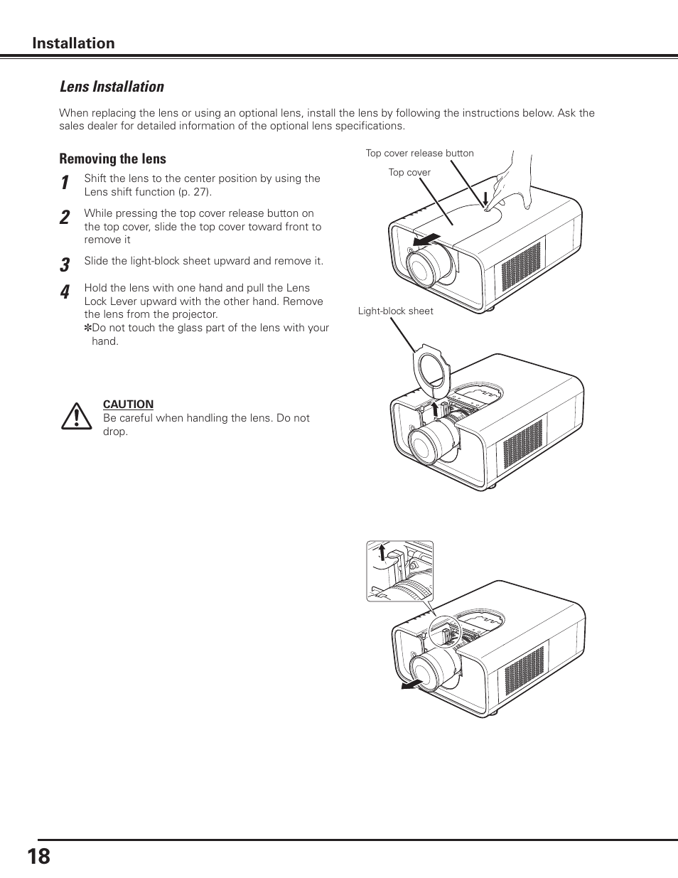 Lens installation | Sanyo PLC-XP100BKL User Manual | Page 18 / 81