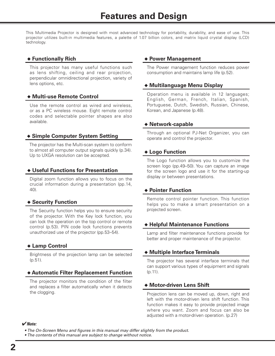 Features and design | Sanyo PLC-XP100BKL User Manual | Page 2 / 81
