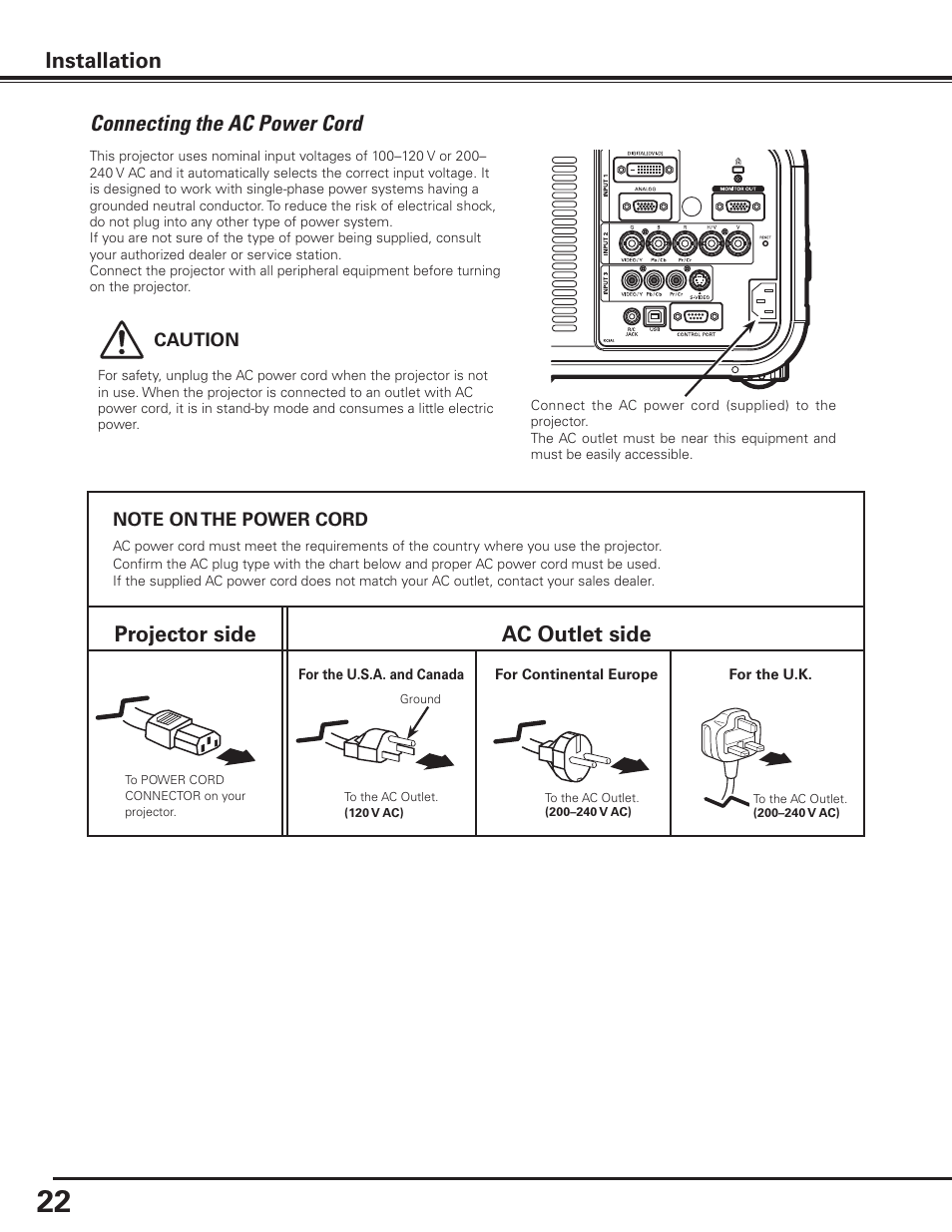 Connecting the ac power cord, Installation, Projector side ac outlet side | Sanyo PLC-XP100BKL User Manual | Page 22 / 81