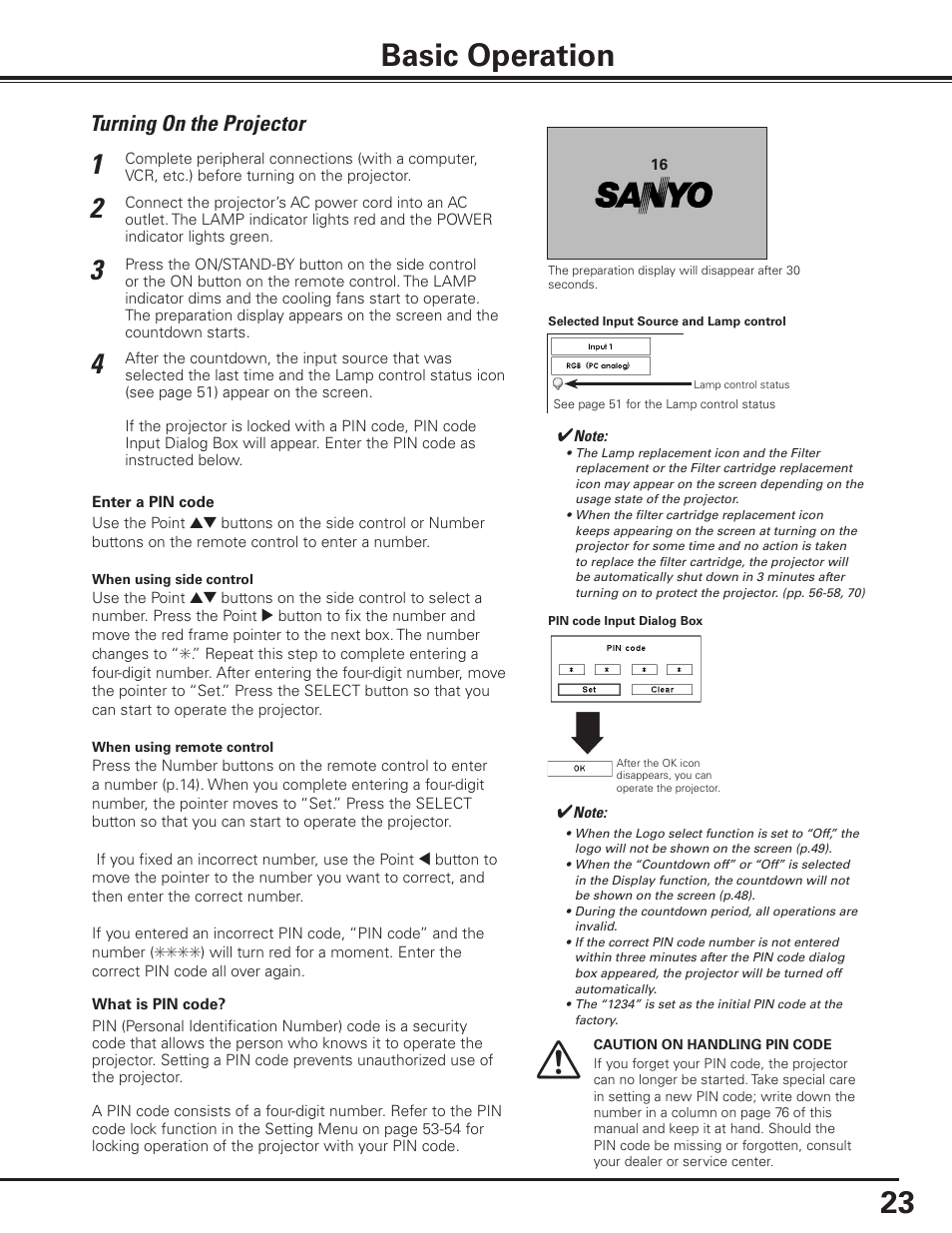 Basic operation, Turning on the projector | Sanyo PLC-XP100BKL User Manual | Page 23 / 81