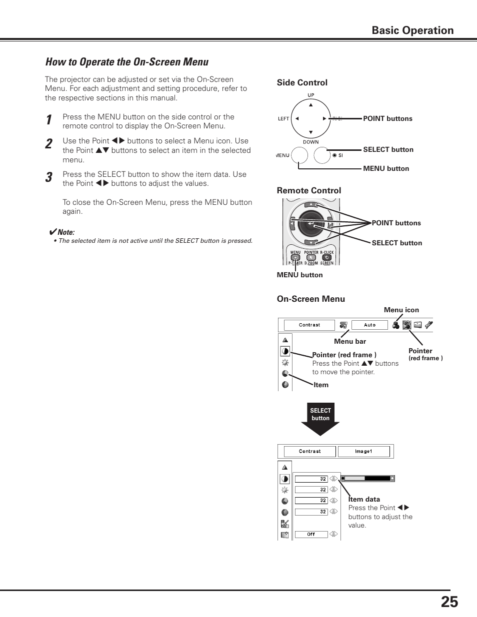 How to operate the on-screen menu, Basic operation | Sanyo PLC-XP100BKL User Manual | Page 25 / 81