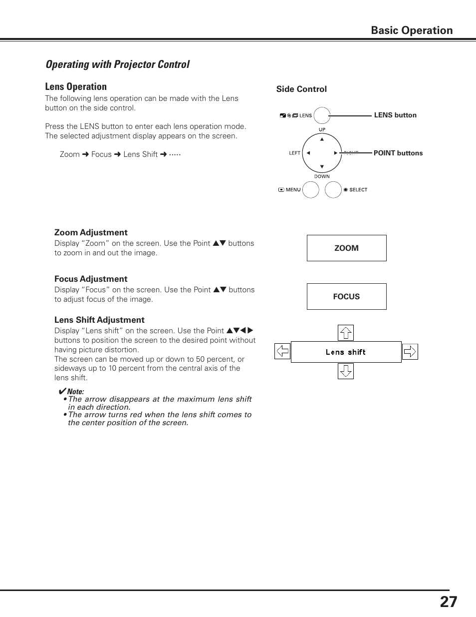 Operating with projector control, Basic operation, Lens operation | Sanyo PLC-XP100BKL User Manual | Page 27 / 81