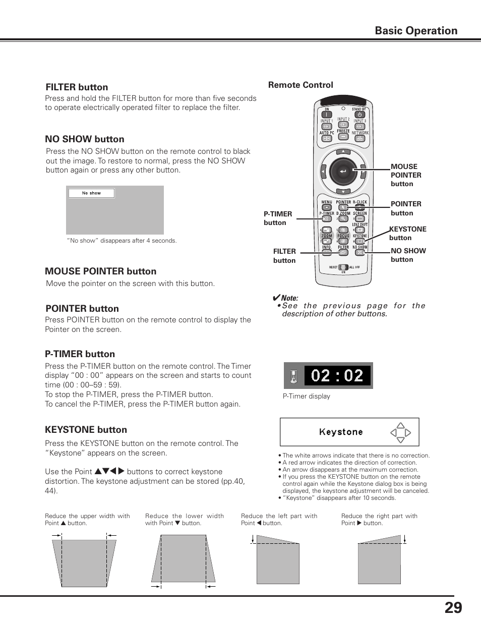 Basic operation, No show button filter button, Keystone button | P-timer button, Pointer button, Mouse pointer button | Sanyo PLC-XP100BKL User Manual | Page 29 / 81