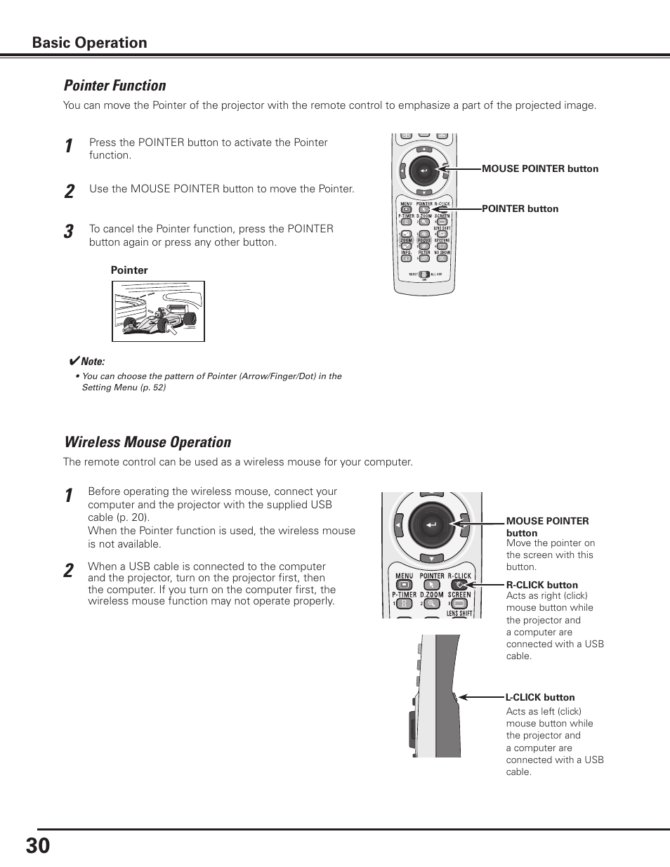 Pointer function, Wireless mouse operation, Basic operation | Sanyo PLC-XP100BKL User Manual | Page 30 / 81