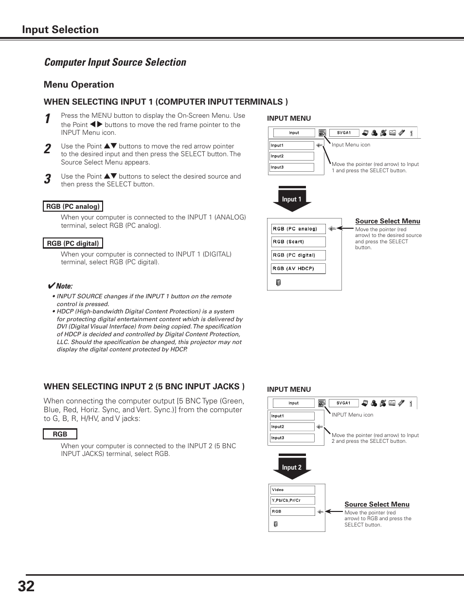 Computer input source selection, Input selection | Sanyo PLC-XP100BKL User Manual | Page 32 / 81