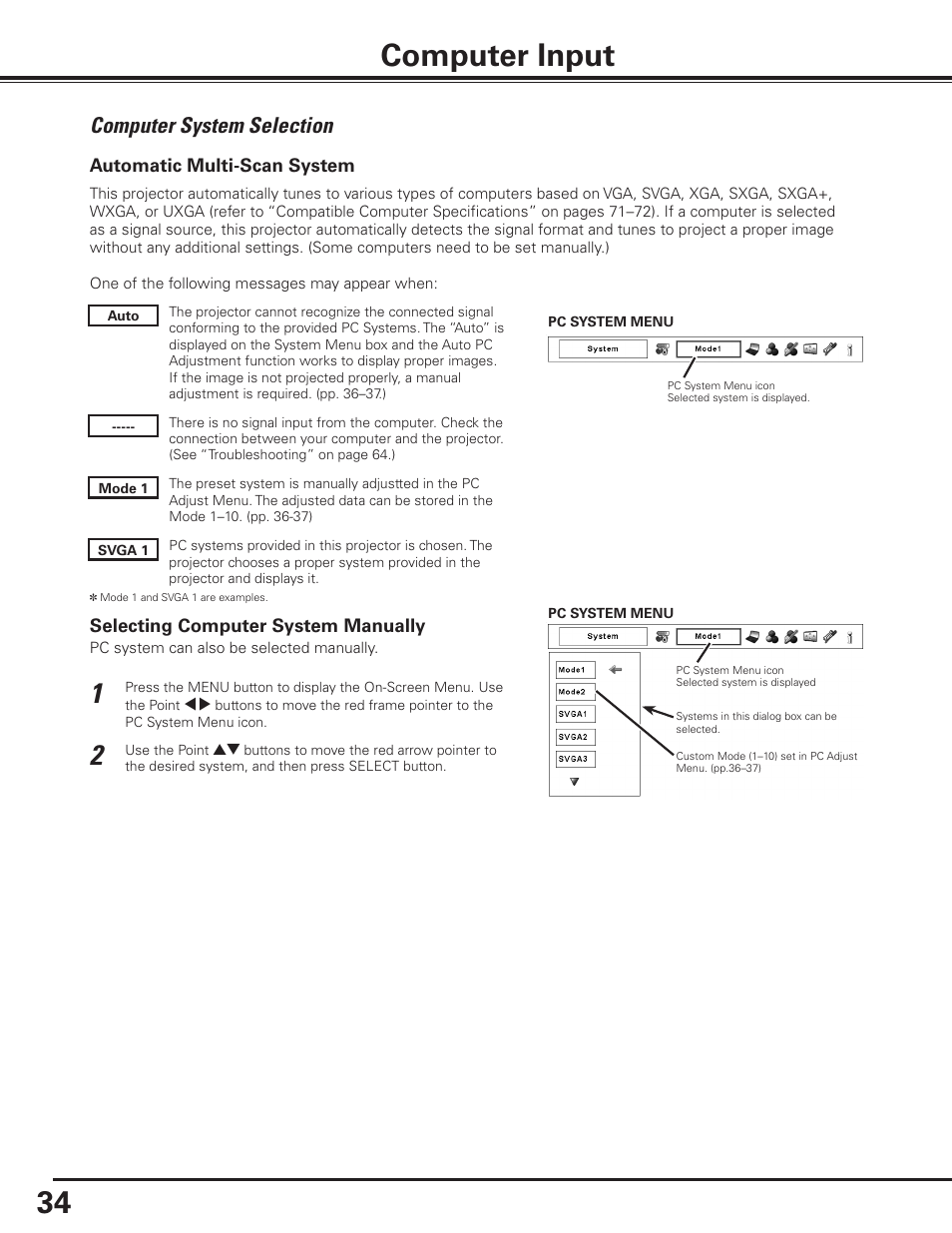 Computer input, Computer system selection | Sanyo PLC-XP100BKL User Manual | Page 34 / 81