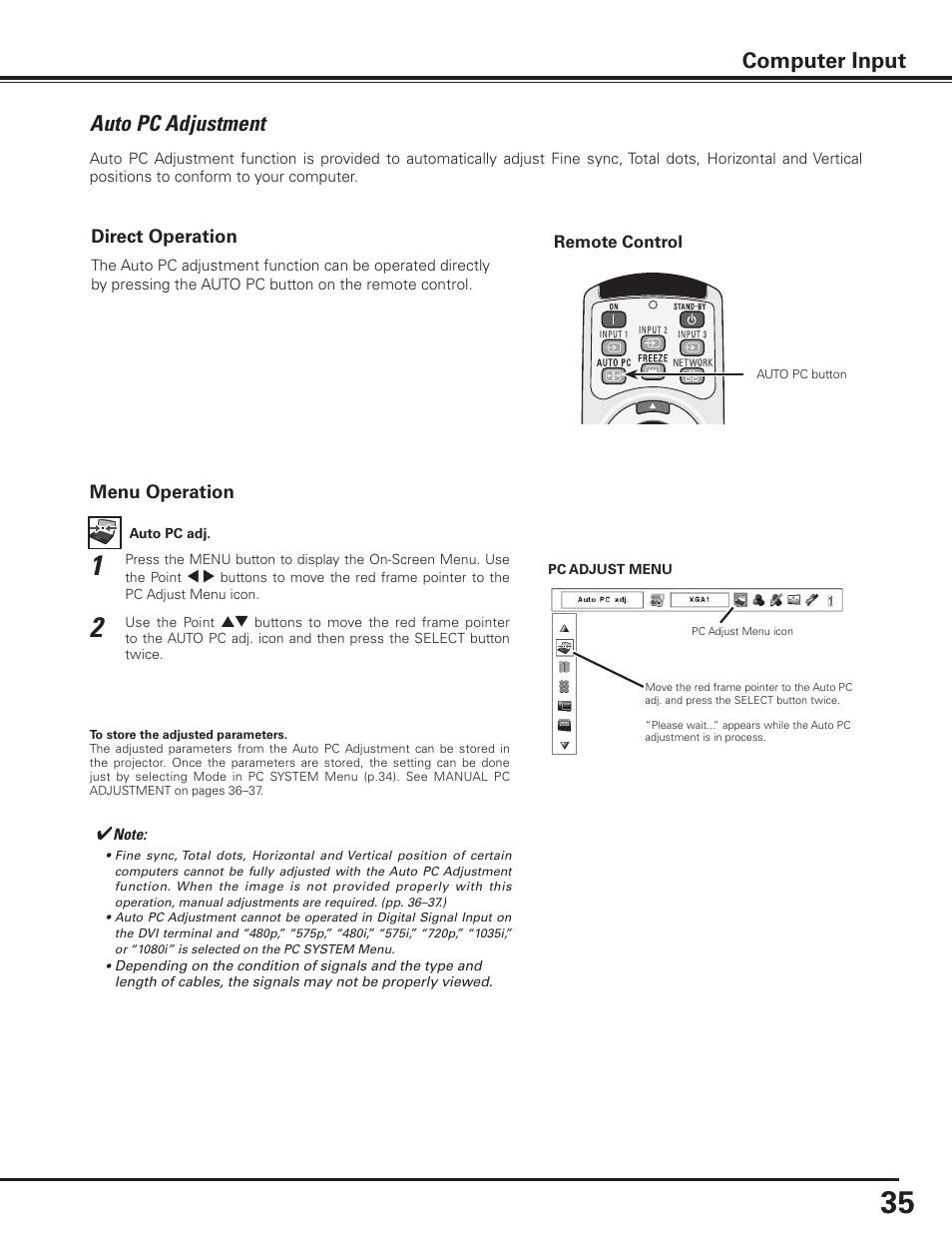 Auto pc adjustment, Computer input | Sanyo PLC-XP100BKL User Manual | Page 35 / 81