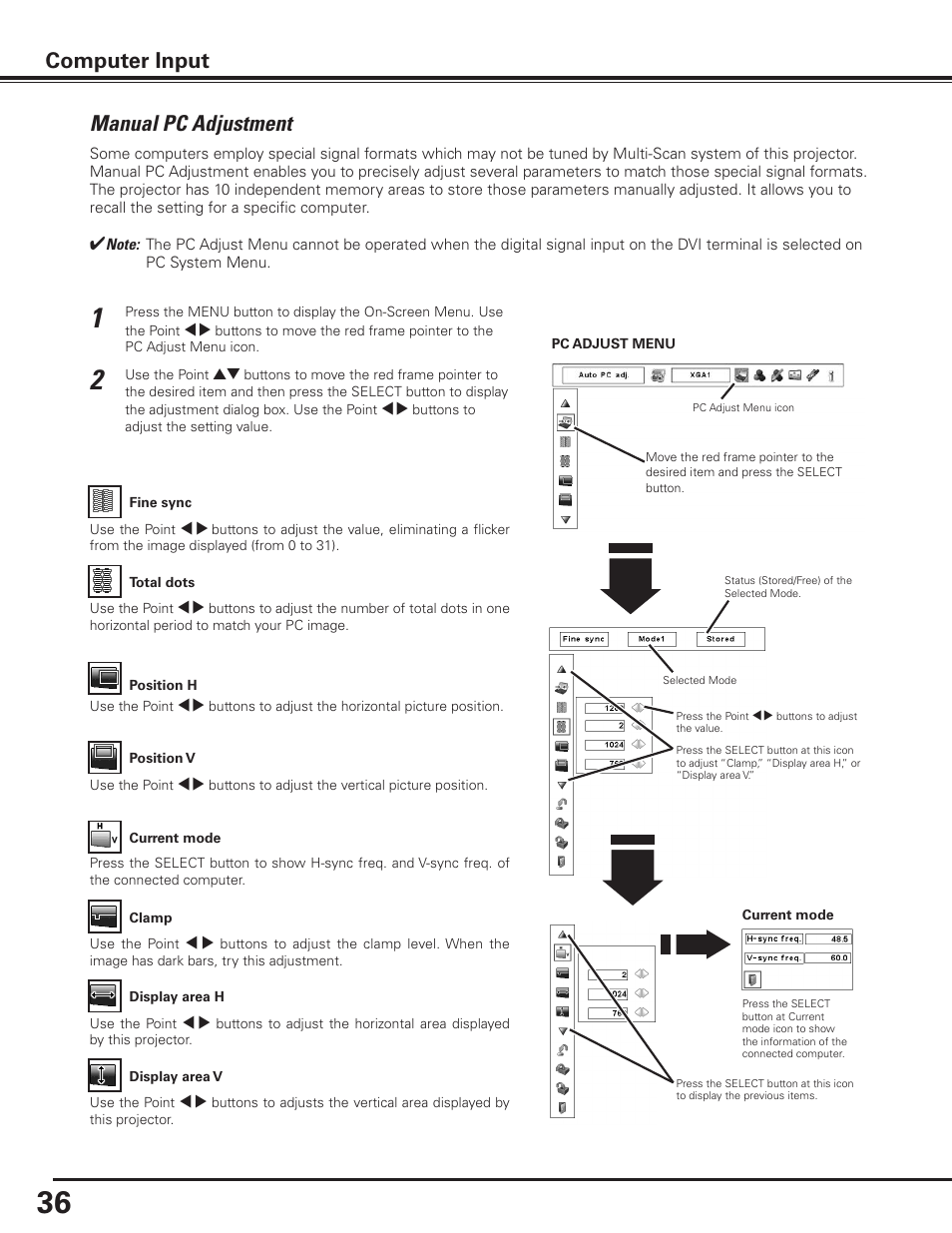 Manual pc adjustment, Computer input | Sanyo PLC-XP100BKL User Manual | Page 36 / 81