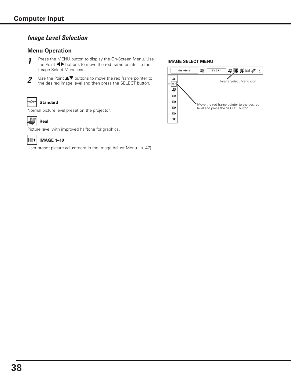 Image level selection, Computer input | Sanyo PLC-XP100BKL User Manual | Page 38 / 81