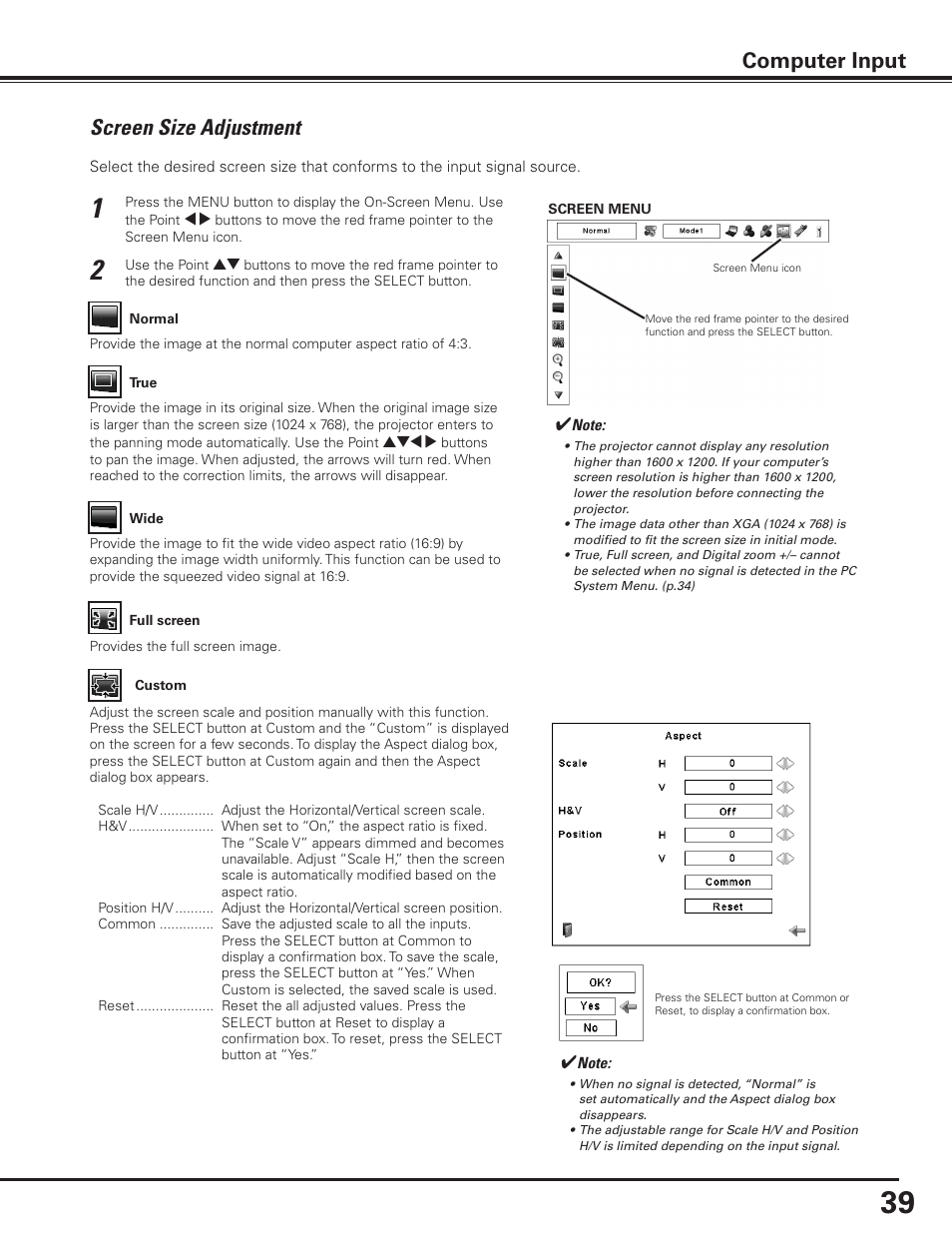 Screen size adjustment, Computer input | Sanyo PLC-XP100BKL User Manual | Page 39 / 81