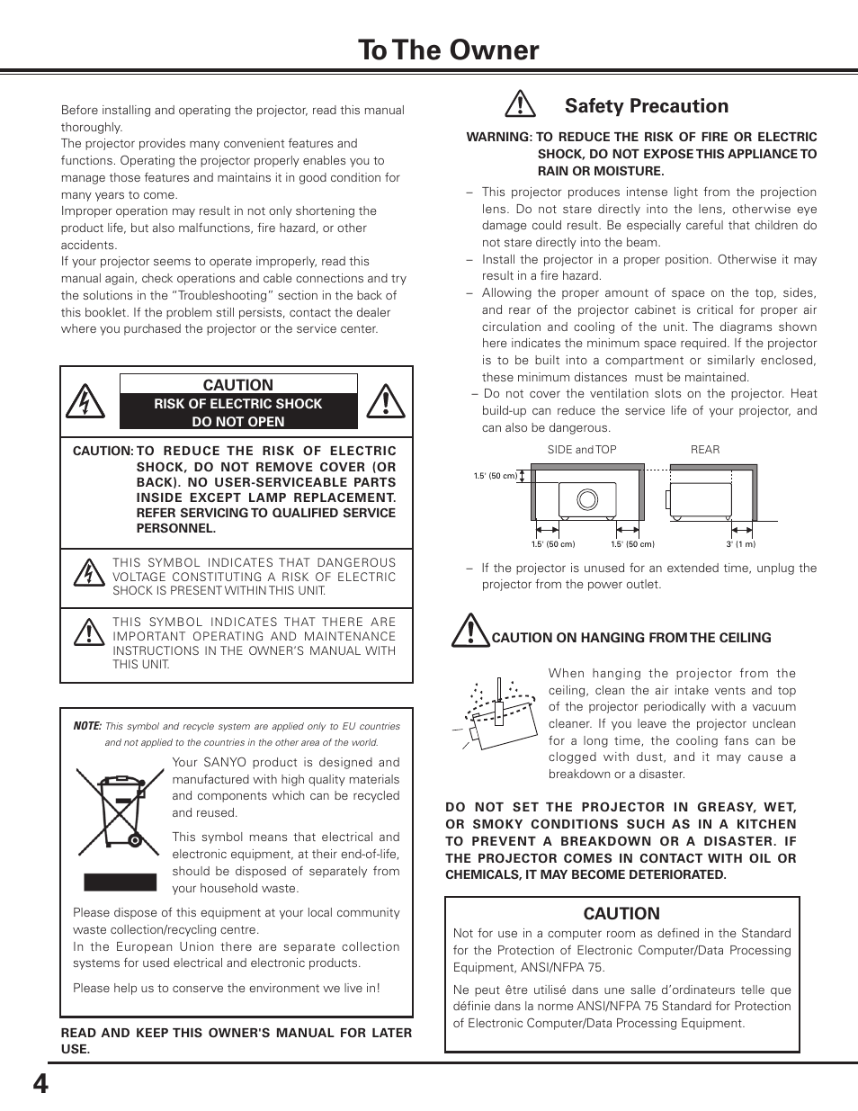 To the owner, Safety precaution, Caution | Sanyo PLC-XP100BKL User Manual | Page 4 / 81