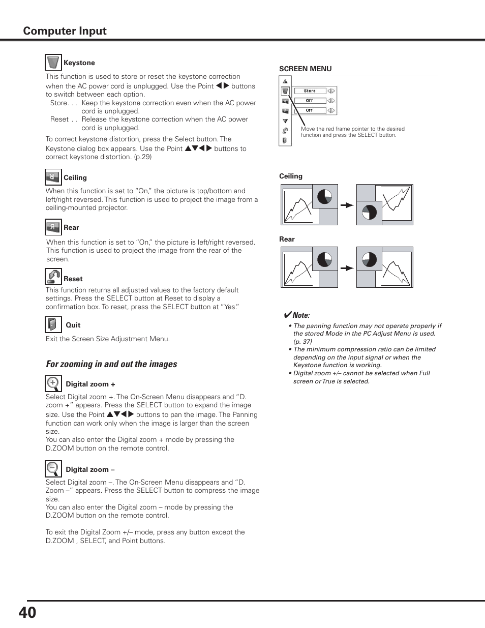 Computer input, For zooming in and out the images | Sanyo PLC-XP100BKL User Manual | Page 40 / 81