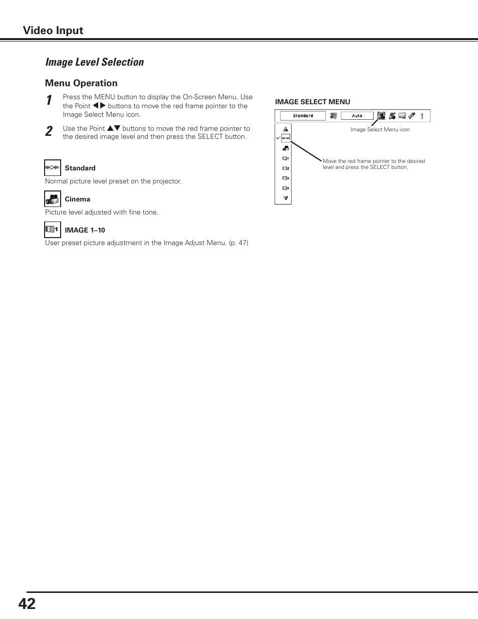 Image level selection, Video input | Sanyo PLC-XP100BKL User Manual | Page 42 / 81