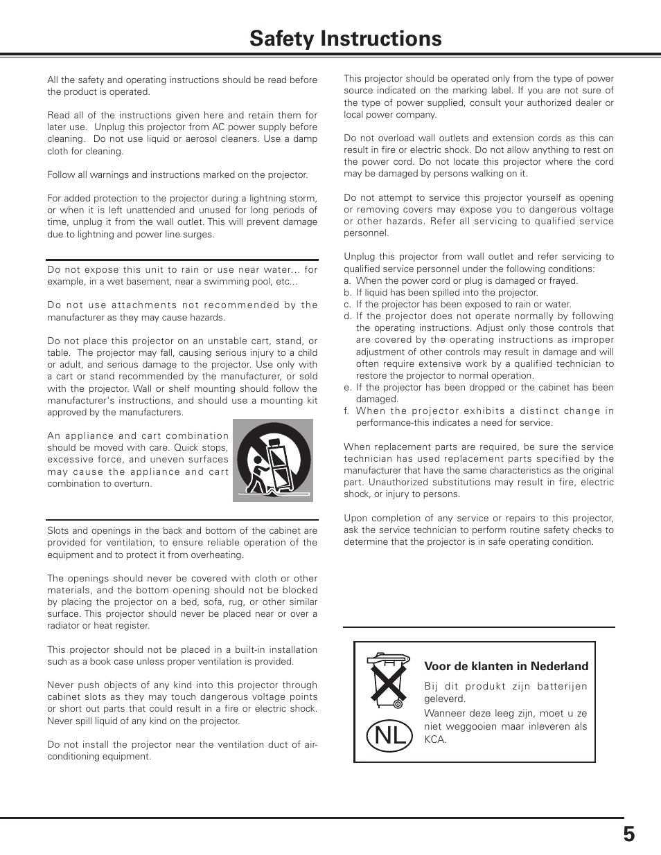 Safety instructions | Sanyo PLC-XP100BKL User Manual | Page 5 / 81