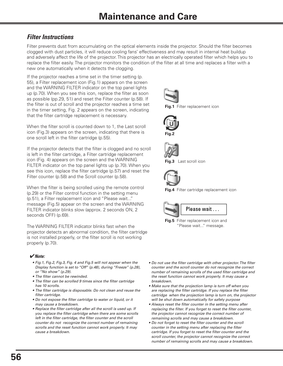 Maintenance and care, Filter instructions | Sanyo PLC-XP100BKL User Manual | Page 56 / 81