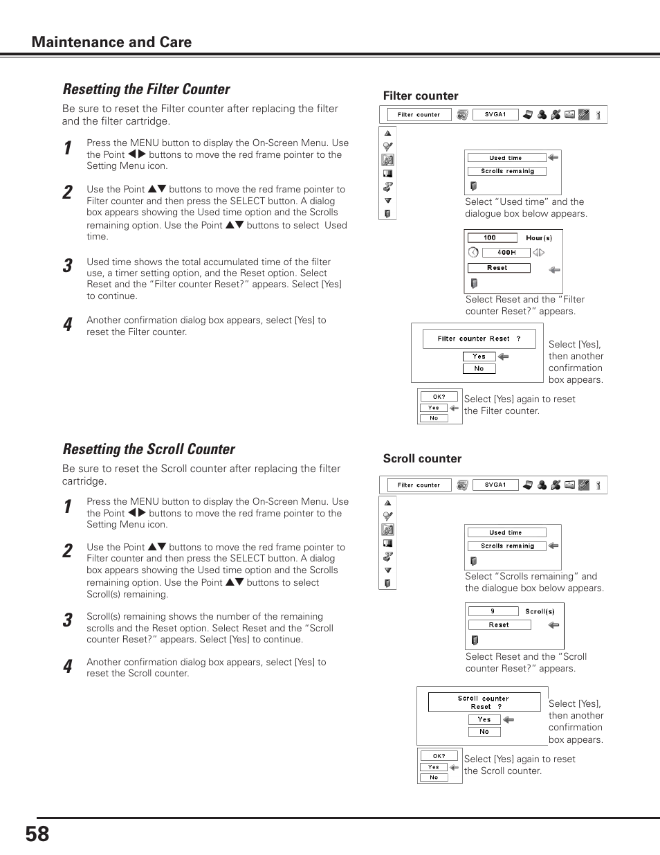 Resetting the filter counter, Resetting the scroll counter, Maintenance and care | Sanyo PLC-XP100BKL User Manual | Page 58 / 81