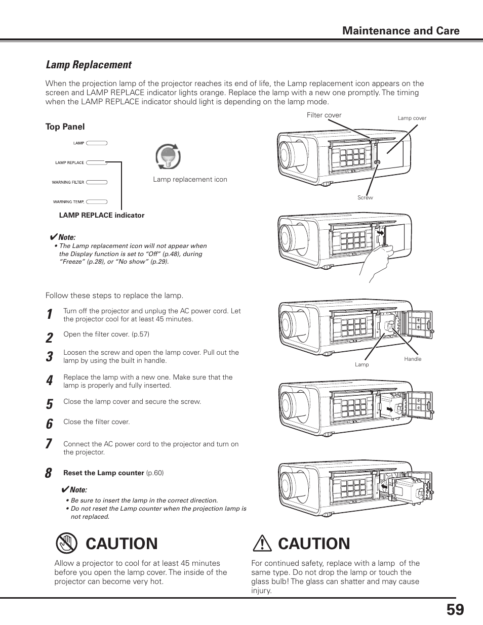 Lamp replacement, Caution, Maintenance and care | Sanyo PLC-XP100BKL User Manual | Page 59 / 81