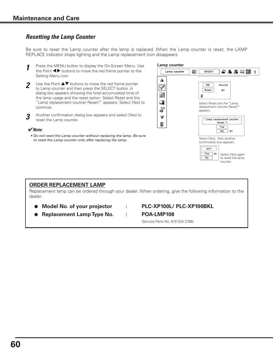 Resetting the lamp counter, Maintenance and care | Sanyo PLC-XP100BKL User Manual | Page 60 / 81