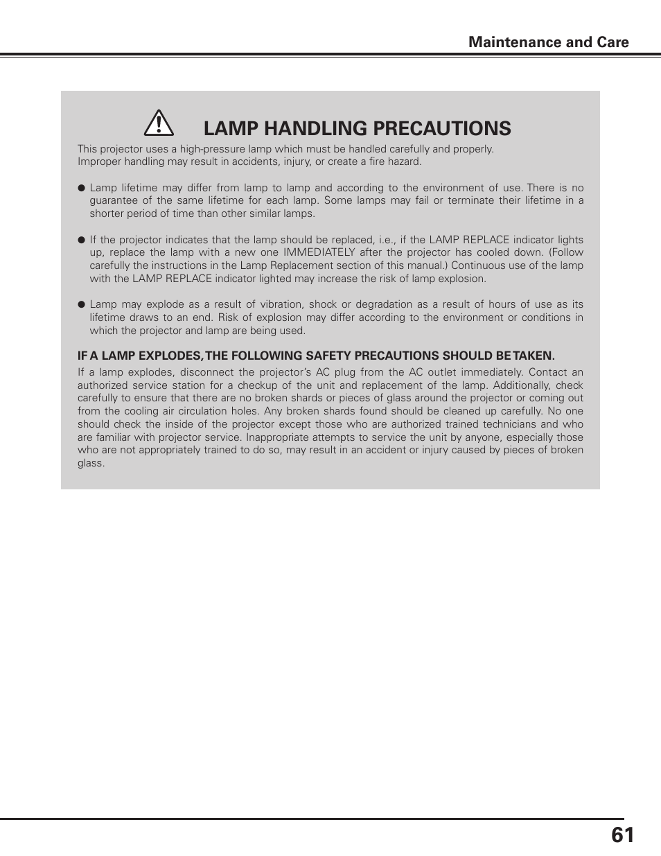 Lamp handling precautions, Maintenance and care | Sanyo PLC-XP100BKL User Manual | Page 61 / 81