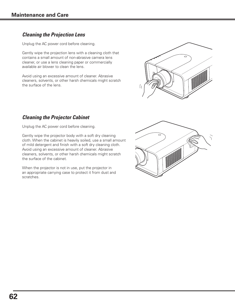 Cleaning the projection lens, Cleaning the projector cabinet, Cleaning the projection lens maintenance and care | Sanyo PLC-XP100BKL User Manual | Page 62 / 81