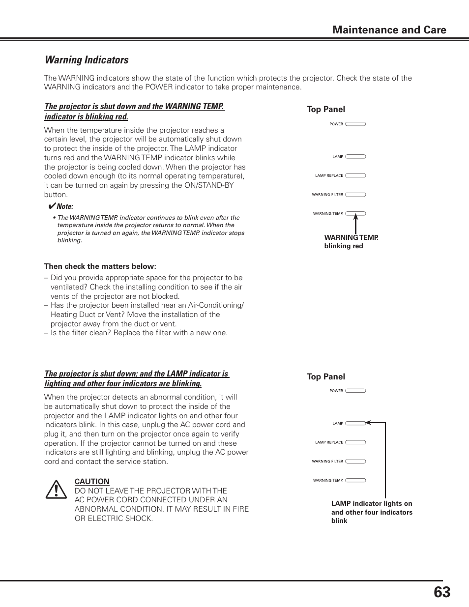 Warning indicators, Maintenance and care | Sanyo PLC-XP100BKL User Manual | Page 63 / 81