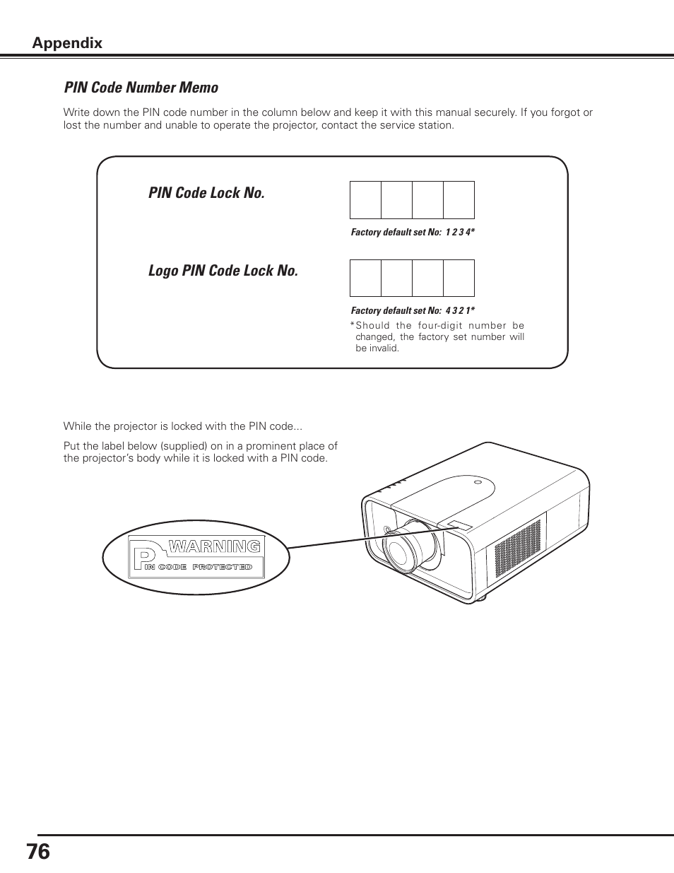 Pin code number memo | Sanyo PLC-XP100BKL User Manual | Page 76 / 81