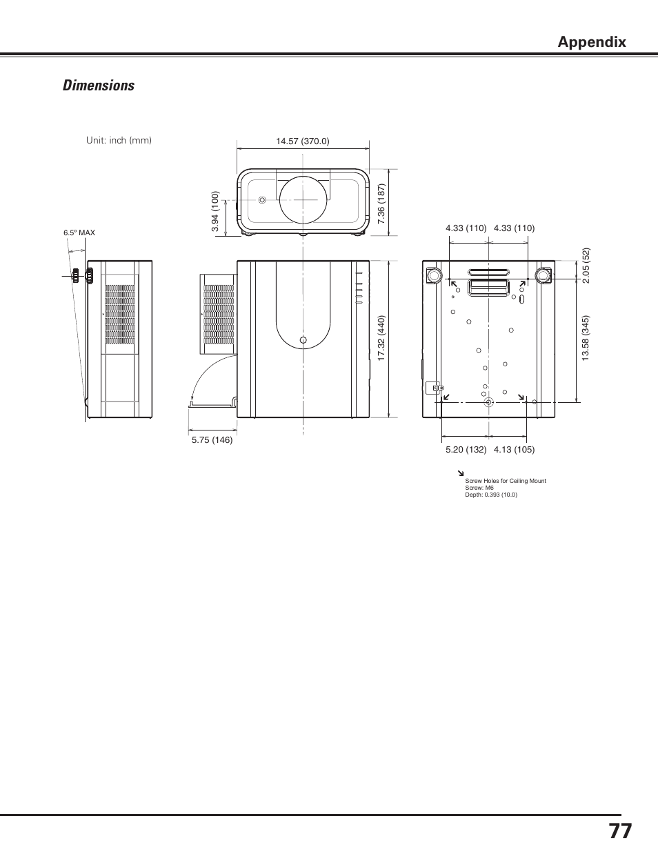 Dimensions, Appendix | Sanyo PLC-XP100BKL User Manual | Page 77 / 81