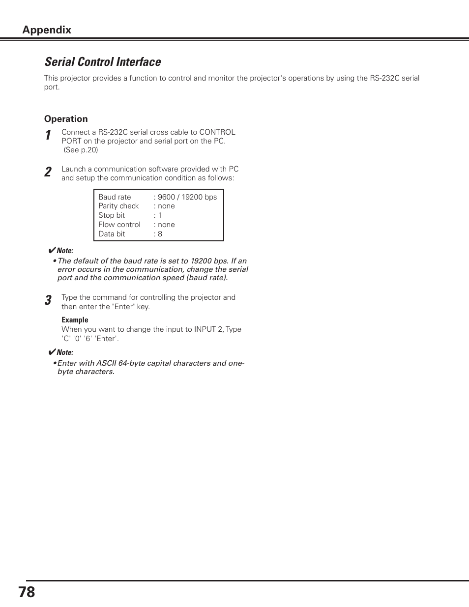 Serial control interface, Appendix | Sanyo PLC-XP100BKL User Manual | Page 78 / 81