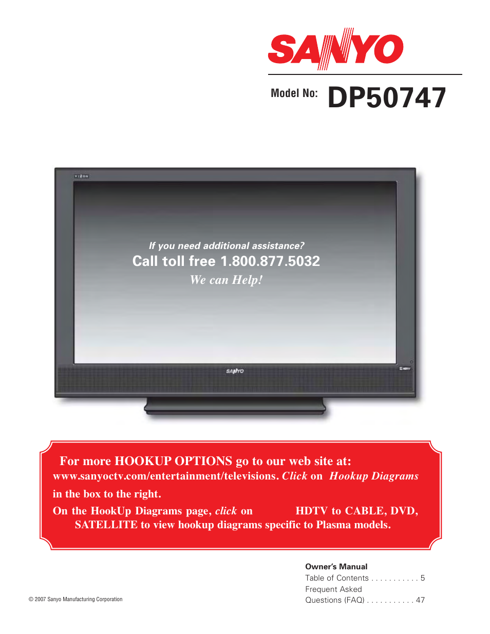 Sanyo HIGH-DEFINITION DIGITAL PLASMA TELEVISION DP50747 User Manual | 52 pages