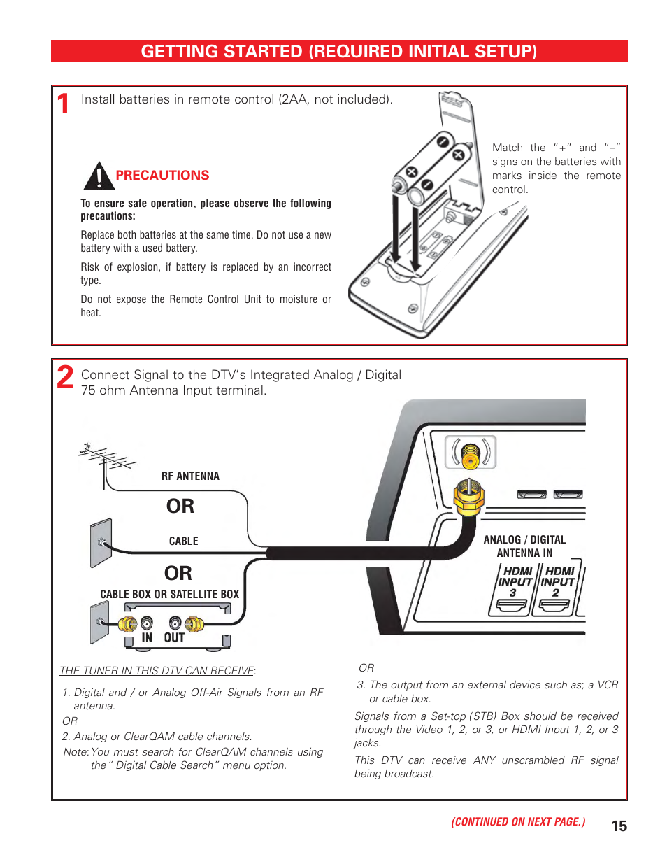 Getting started, Battery installation, Antenna connection | Getting started (required initial setup) | Sanyo HIGH-DEFINITION DIGITAL PLASMA TELEVISION DP50747 User Manual | Page 15 / 52