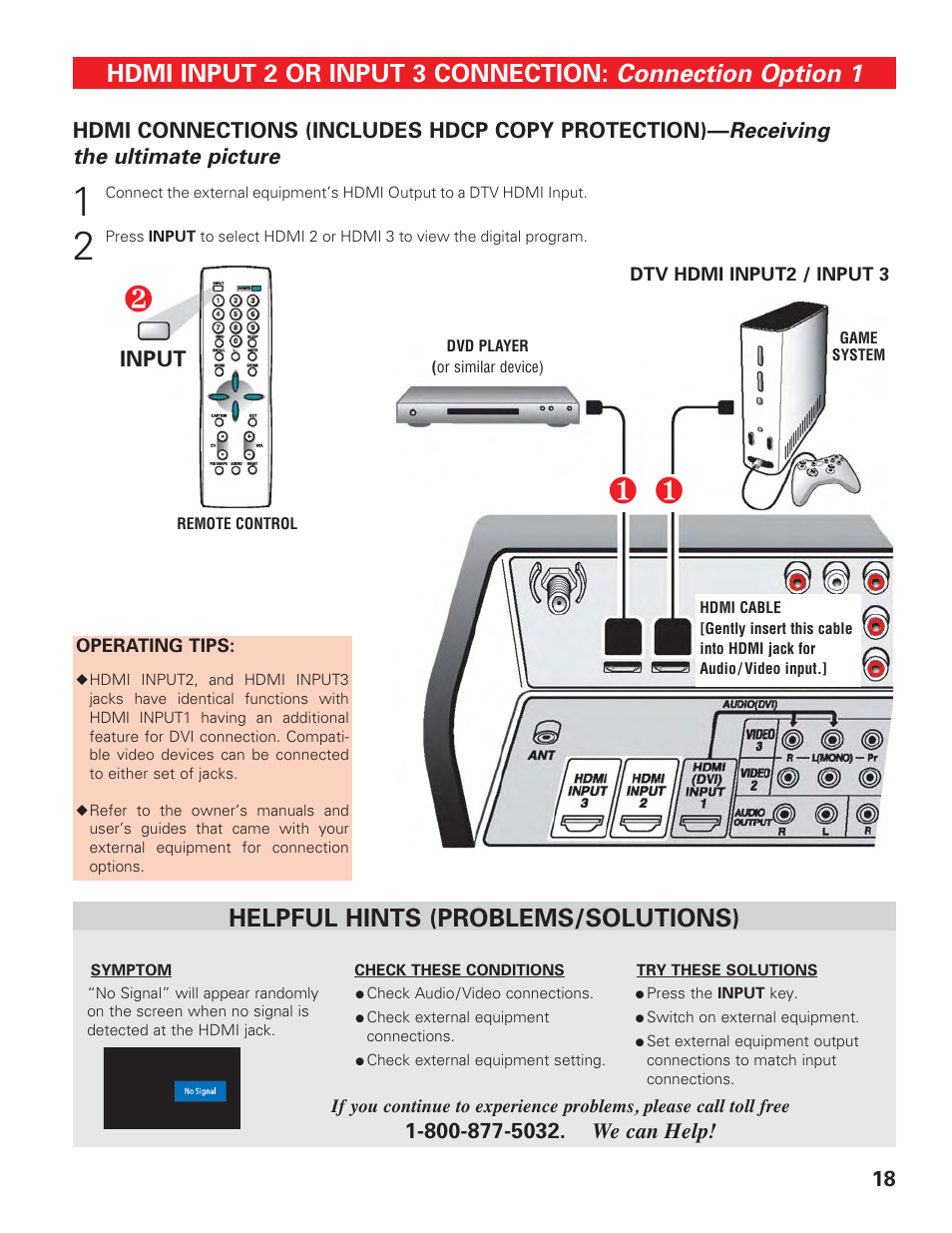 External equipment connection, Hdmi 2/3 (dvd player / game system), Connection option 1 | Hdmi input 2 or input 3 connection, Helpful hints (problems/solutions) | Sanyo HIGH-DEFINITION DIGITAL PLASMA TELEVISION DP50747 User Manual | Page 18 / 52