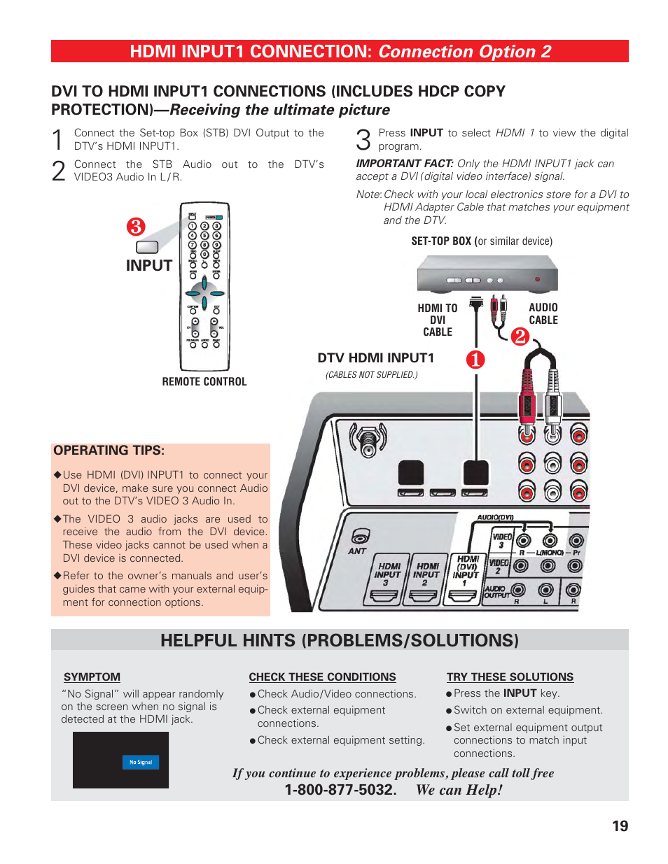 Hdmi1 (hdmi to dvi), Connection option 2, Hdmi input1 connection | Helpful hints (problems/solutions), Receiving the ultimate picture | Sanyo HIGH-DEFINITION DIGITAL PLASMA TELEVISION DP50747 User Manual | Page 19 / 52