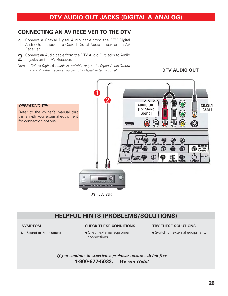 Audio out (av receiver), Dtv audio out jacks (digital & analog), Helpful hints (problems/solutions) | Sanyo HIGH-DEFINITION DIGITAL PLASMA TELEVISION DP50747 User Manual | Page 26 / 52