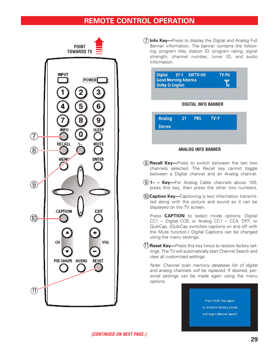 Remote control keys (2) | Sanyo HIGH-DEFINITION DIGITAL PLASMA TELEVISION DP50747 User Manual | Page 29 / 52