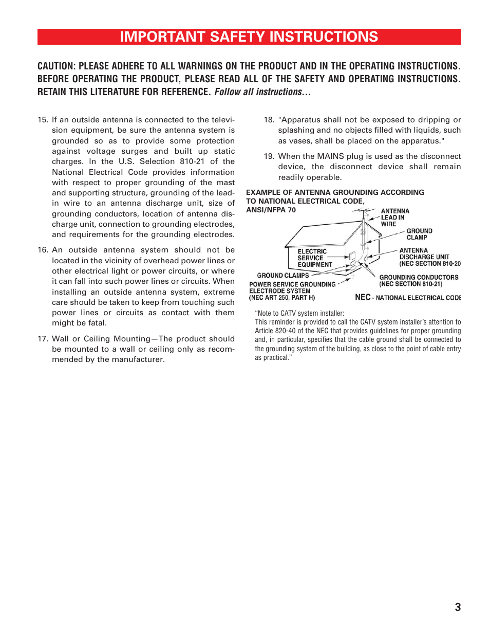 Safety tips (2), Important safety instructions | Sanyo HIGH-DEFINITION DIGITAL PLASMA TELEVISION DP50747 User Manual | Page 3 / 52
