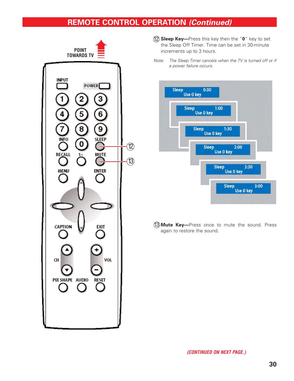 Remote control keys (3), Continued) | Sanyo HIGH-DEFINITION DIGITAL PLASMA TELEVISION DP50747 User Manual | Page 30 / 52